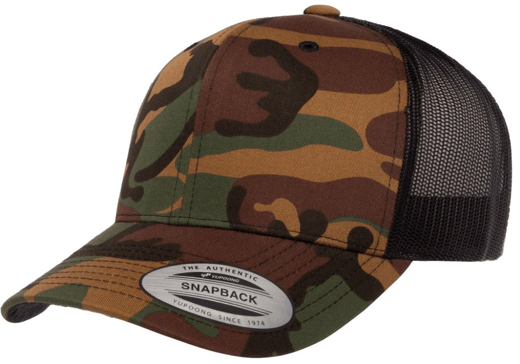A Camo Yupoong 6606 hat for custom leatherette patche.