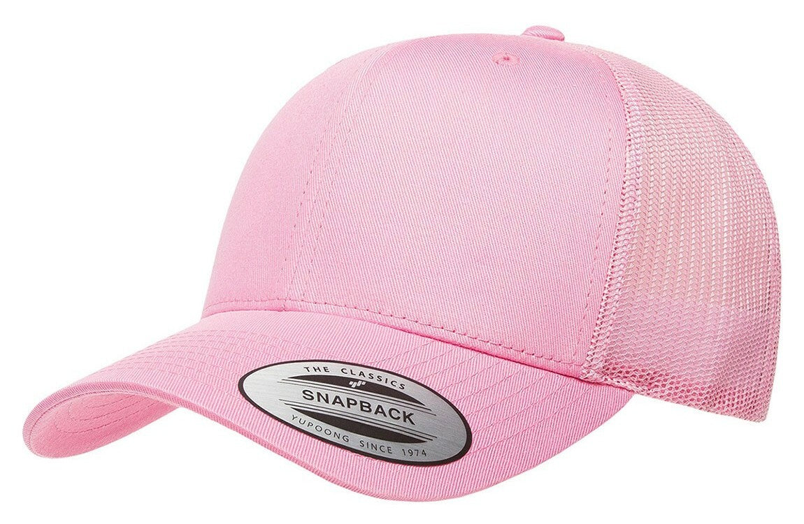 A Pink Yupoong 6606 hat for custom leatherette patche.