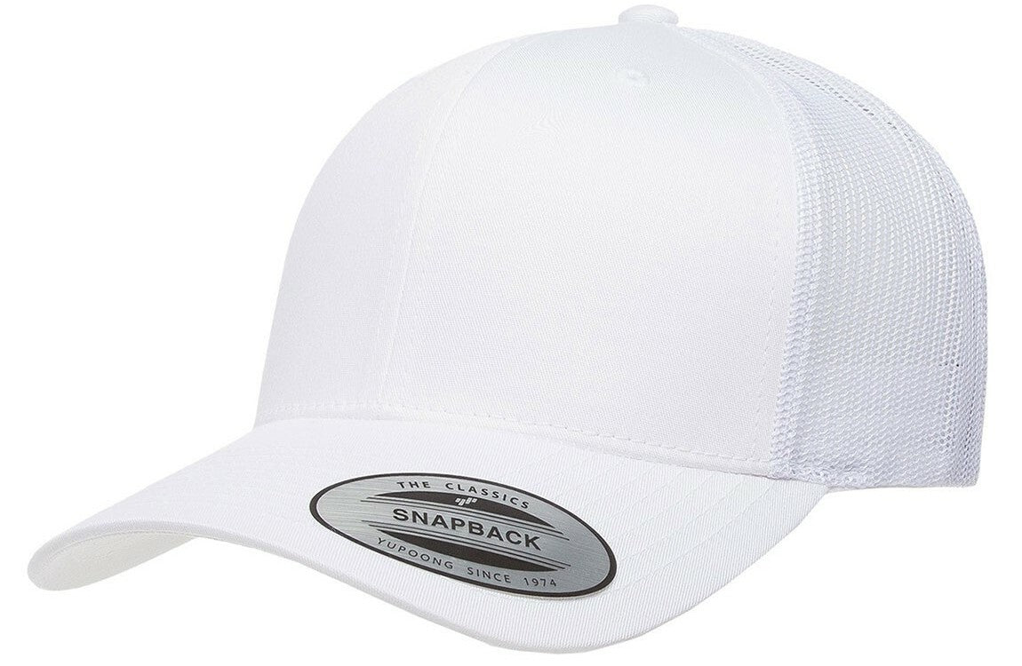 A white Yupoong 6606 hat for custom leatherette patche.