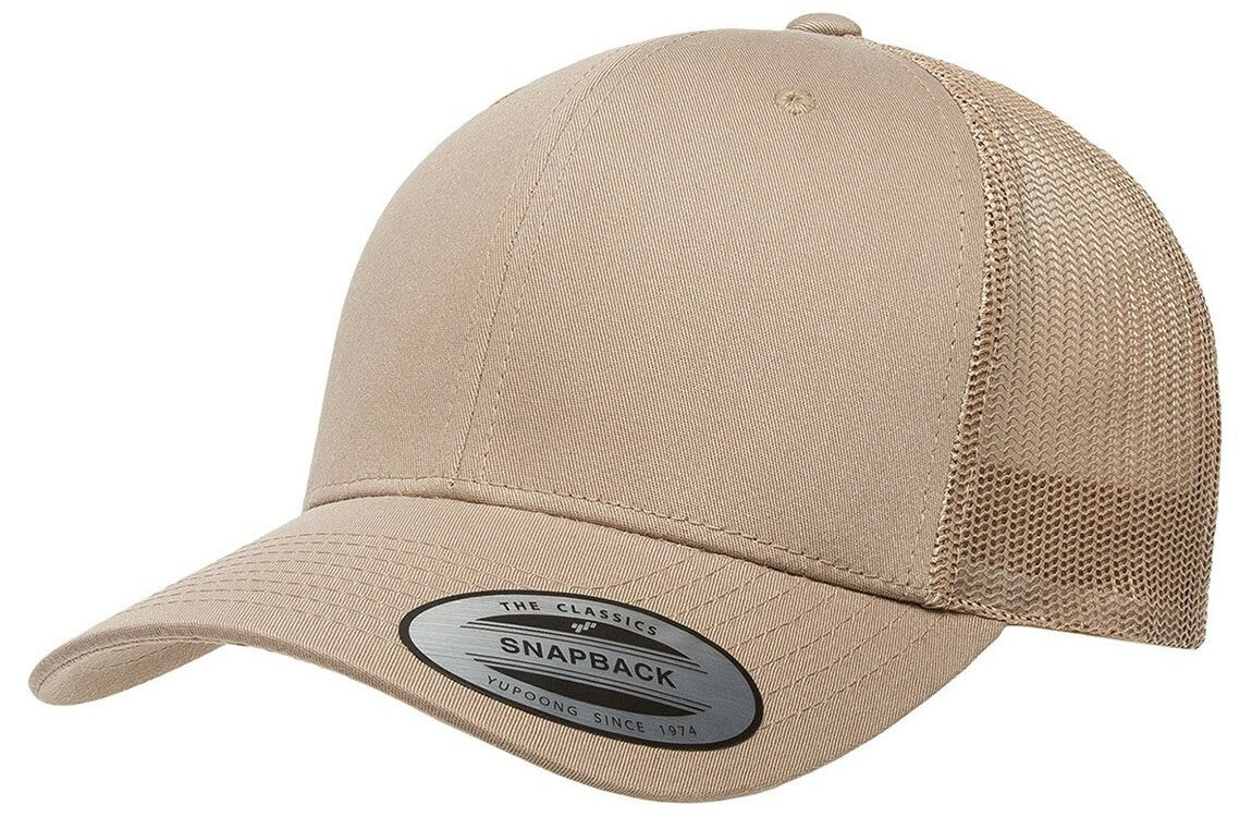 A Khaki Yupoong 6606 hat for custom leatherette patche.