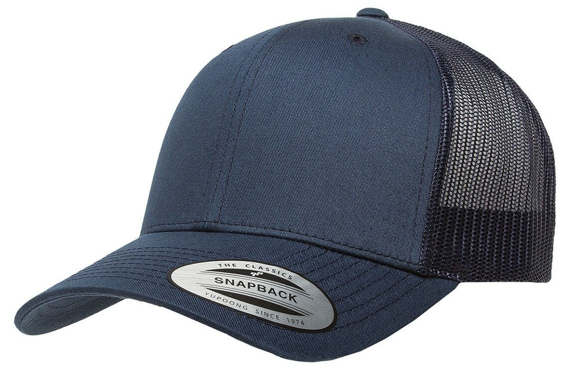 A navy Yupoong 6606 hat for custom leatherette patche.